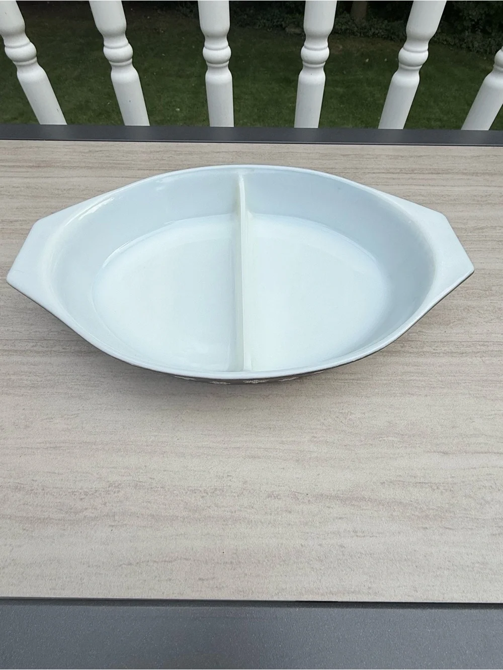 Vintage Pyrex Black Snowflake Divided Oval Casserole Dish